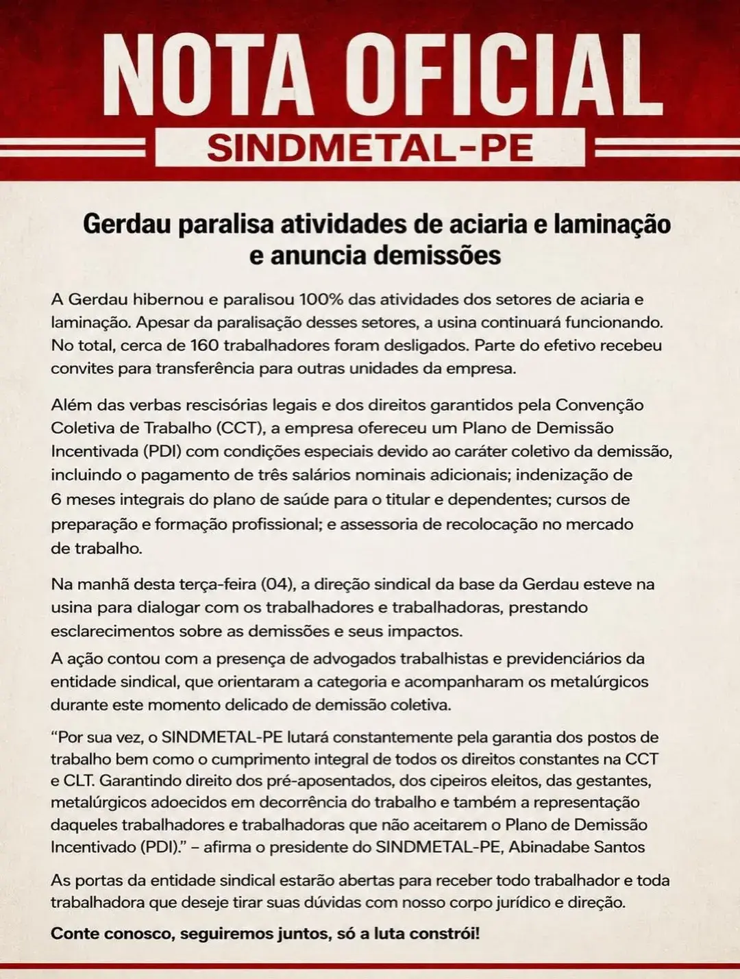 Nota oficial da empresa