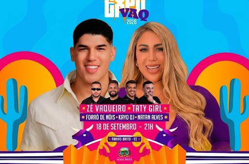 Taty Girl e Zé Vaqueiro se apresentam nesta sexta-feira (18) na ExpoVaq 2026