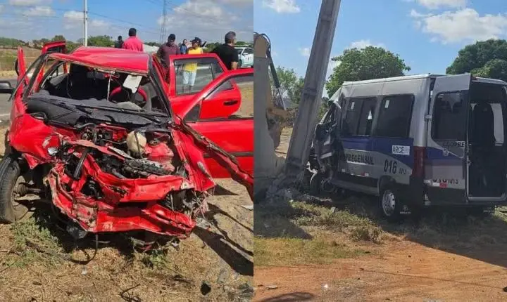 Acidente com carros e van deixa três feridos e causa incêndio em vegetação no interior do Ceará