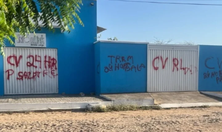 Fachada de provedor de internet é pichada com sigla de facção em Groaíras